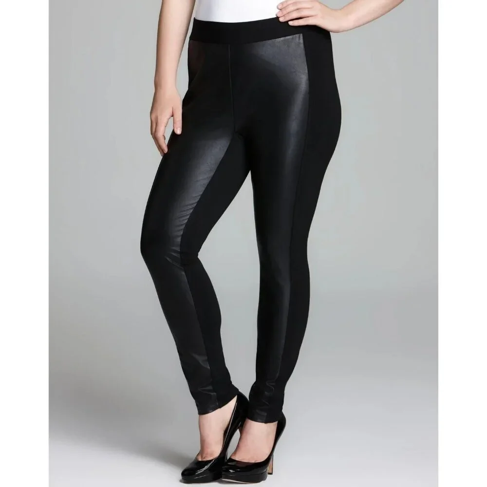 NYDJ Plus Faux Leather Front Leggings Black Pull On Stretch Goth Lift Tuck Sz 14